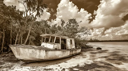 Weathered Boat in Sepia Landscape