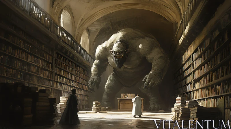 Gargantuan Creature Amidst Book Stacks AI Image