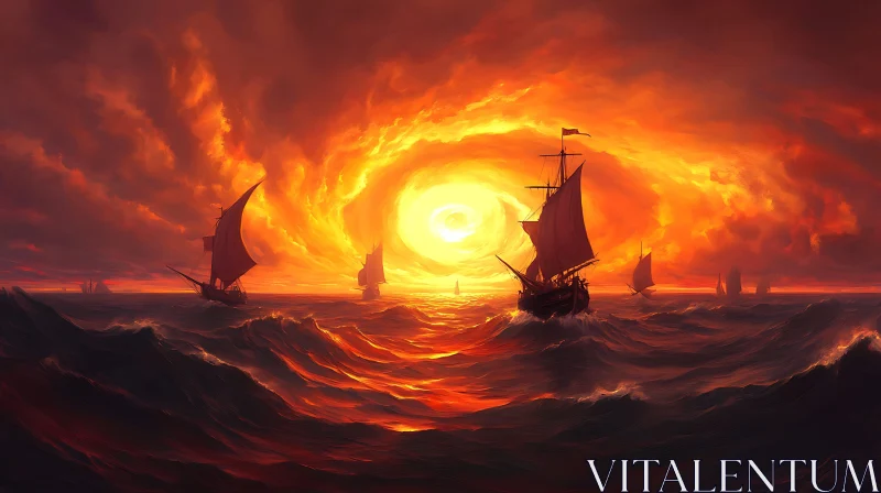 Fiery Sunset Over Ocean with Sailing Ships AI Image