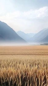 Golden Wheat Field with Misty Mountains