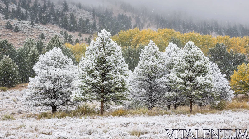 Snow-Laden Pine Trees in a Scenic Field AI Image