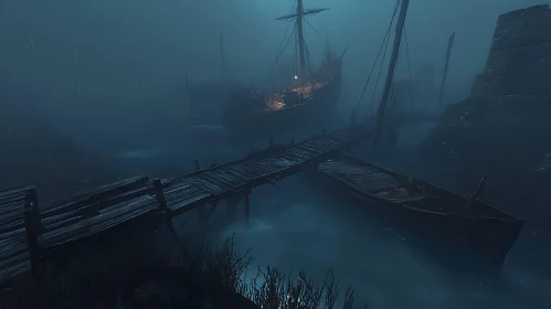 Mysterious Foggy Night at the Dock