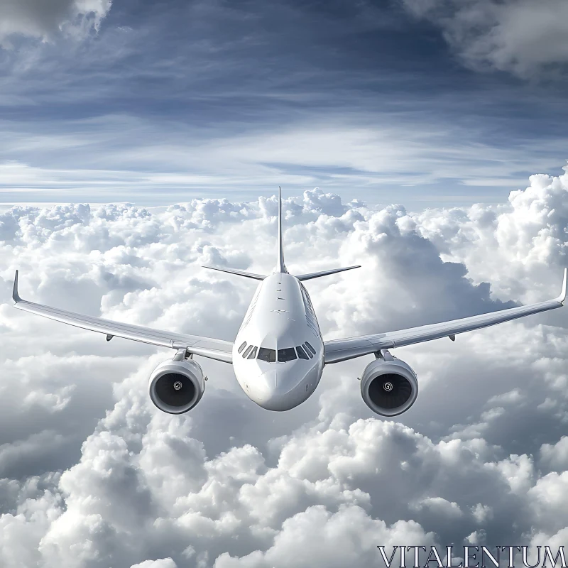 Modern Airplane in Flight Above Clouds AI Image