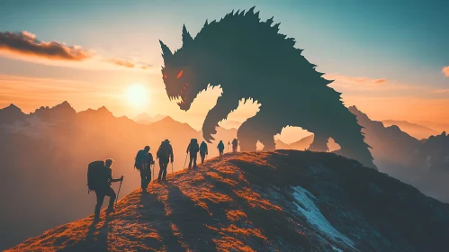 Hikers Confronted by Monstrous Silhouette at Sunset