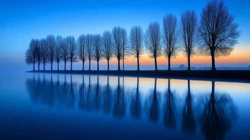 Sunrise Reflections of Bare Trees in Calm Waters