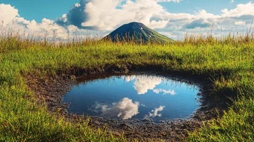 Picturesque Landscape with Mountain and Reflective Pond