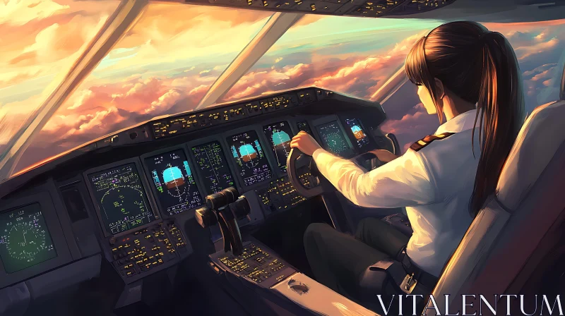 Sunset Flight with Female Aviator AI Image