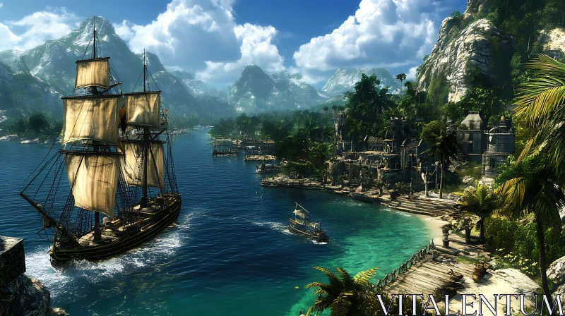 Tropical Island Oasis with Sailing Ship and Mountainous Backdrop AI Image