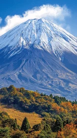 Snow-Covered Mountain and Autumn Forest Landscape