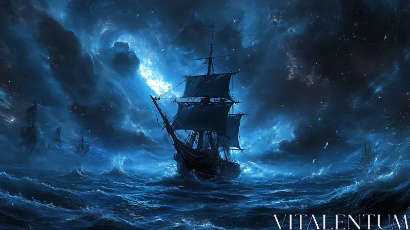 Stormy Ocean Voyage at Night AI Image