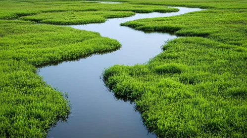 Tranquil Waterway Surrounded by Vibrant Green Grass