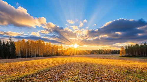 Autumn Sunlight Illuminates Field and Trees