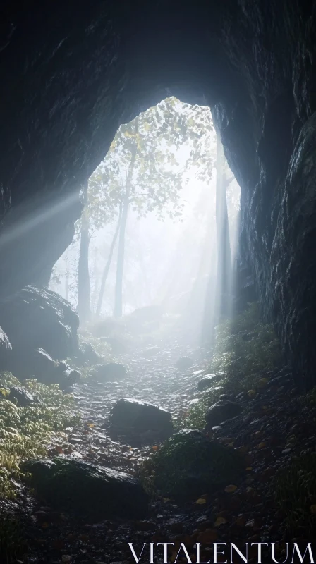 Cave Opens to Sunlit Forest Path AI Image