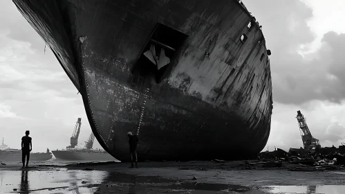 Beached Ship in Industrial Scrapyard