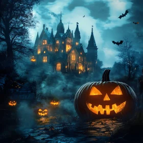 Creepy Jack-o'-Lanterns Before a Haunted Gothic Mansion