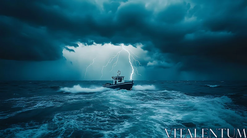 Boat in Storm with Lightning Strikes AI Image