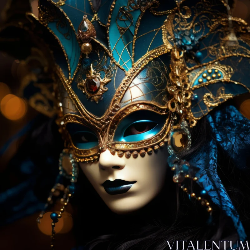 Fantasy Venetian Masquerade - A Study in Cyan and Gold AI Image