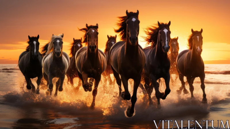 Galloping Horses in Backlit Ocean - A Subtle Blend of Bronze and Amber AI Image