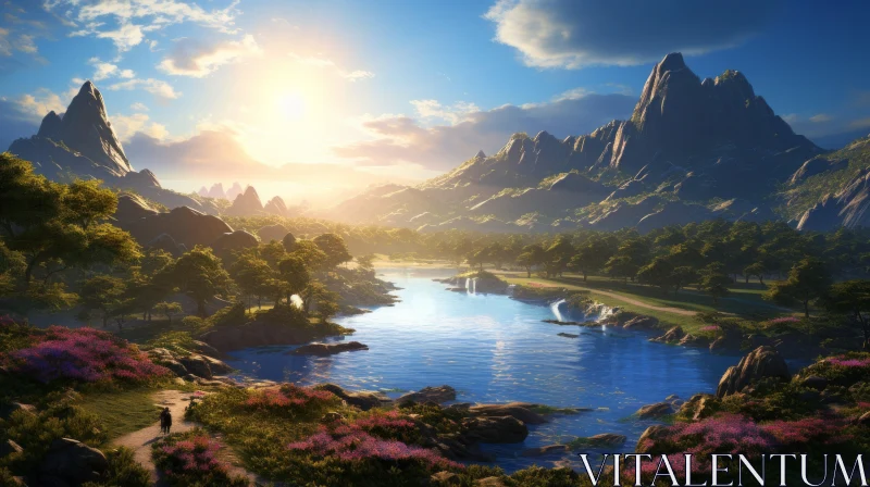 Mountain Sunset with Floral Landscape and Realistic Water AI Image