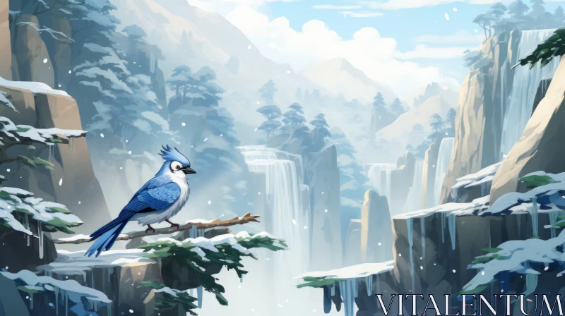 Snowy Woodland with Blue Bird and Waterfalls - Concept Art AI Image