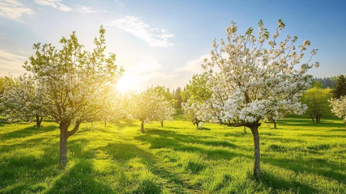 Blossoming Orchard at Sunset