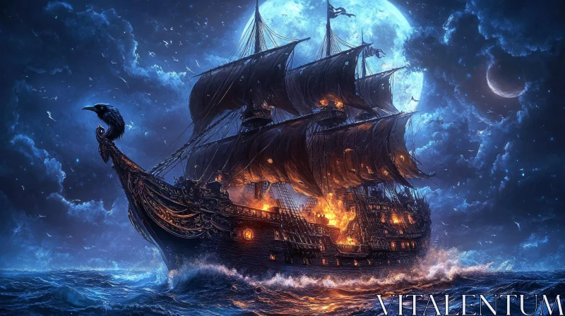 Night Sea Fire Ship AI Image