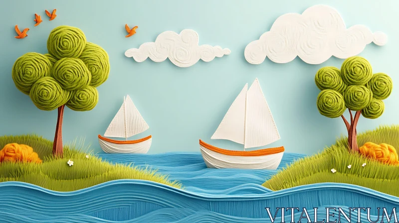 Serene Boats on a Vibrant Sea with Nature Elements AI Image