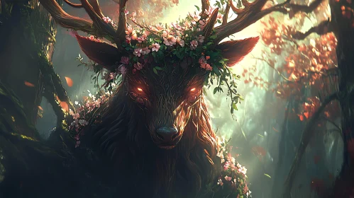 Enchanted Forest Deer with Glowing Eyes and Flower-Vined Antlers