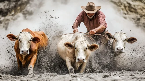 Muddy Action: Man and Cows in Motion