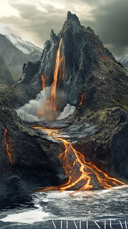 Towering Volcano with Cascading Lava AI Image