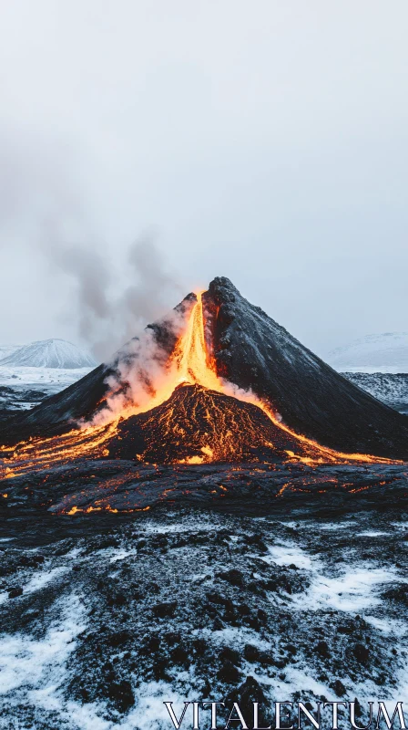 AI ART Volcano Eruption Amidst Snow-Covered Terrain