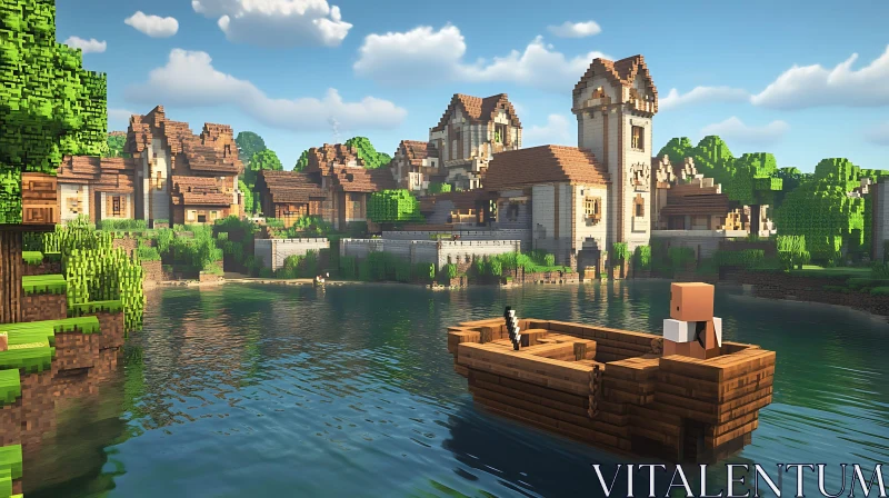 Medieval Pixel Art Village Scene with Lake and Boat AI Image