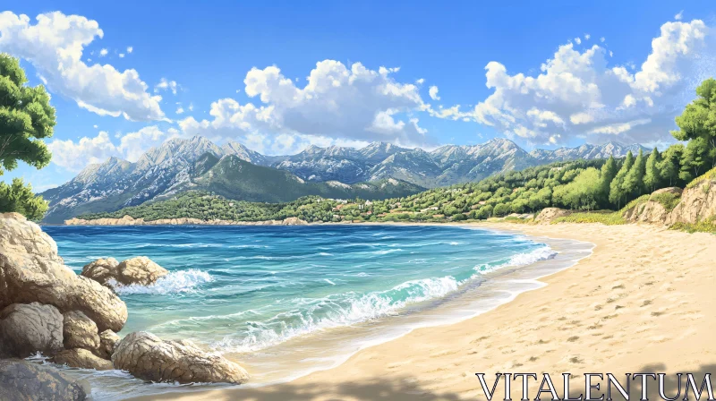 AI ART Tranquil Coastal Landscape with Mountain Views