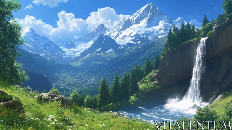 Peaceful Mountain Scene with Cascading Waterfall AI Image