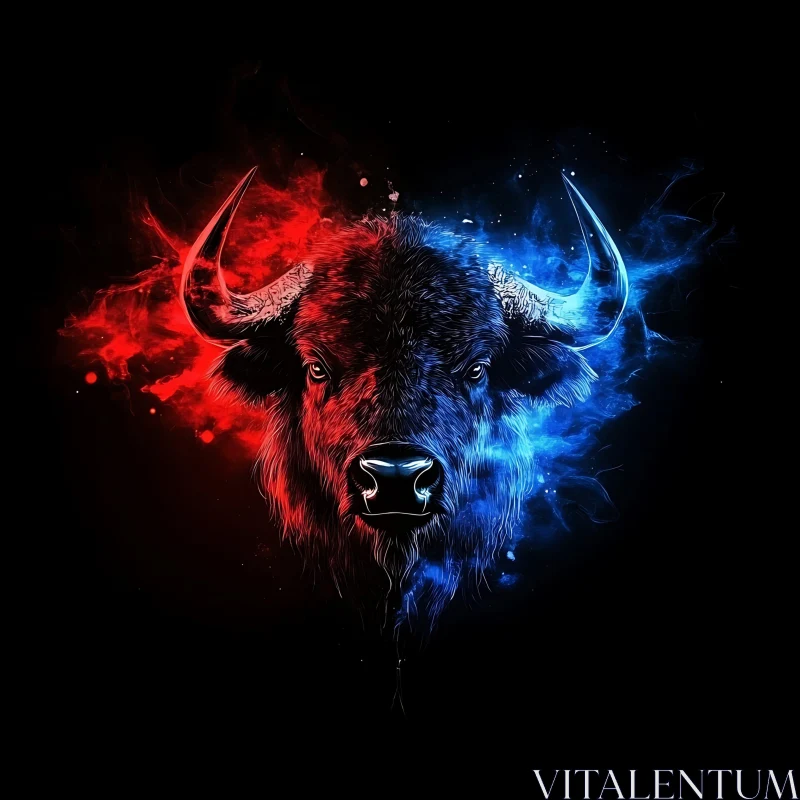 Majestic Bull in Red and Blue AI Image