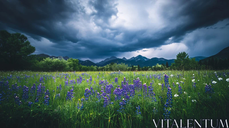 Lush Flower Field with Mountains and Dramatic Clouds AI Image