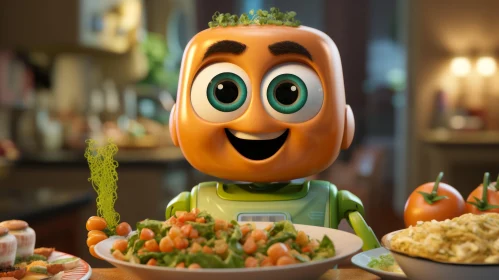 Adorable Robot Character with Vegetables - Quirky Animation Art