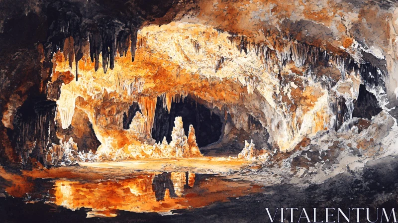 AI ART Golden Lit Underground Cave with Stalactites and Stalagmites