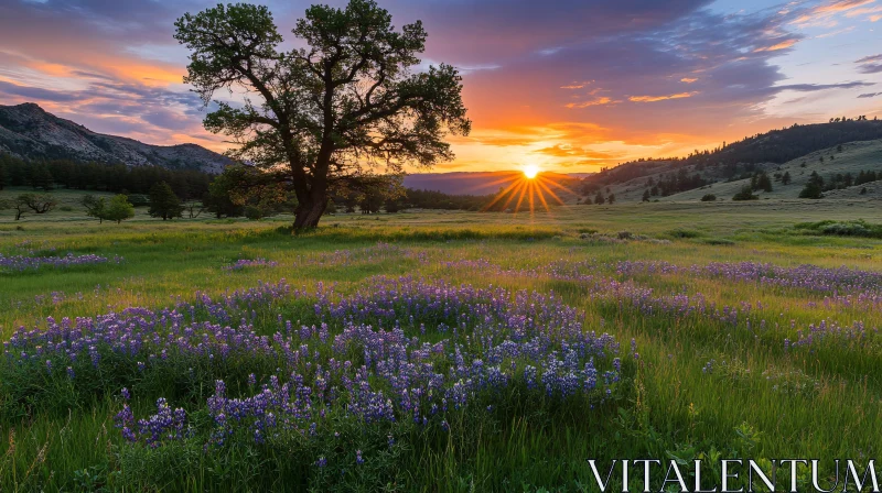 AI ART Lavender Field Sunset with Tree and Mountains