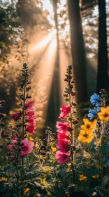 Wildflowers and Morning Sunlight in Tranquil Forest