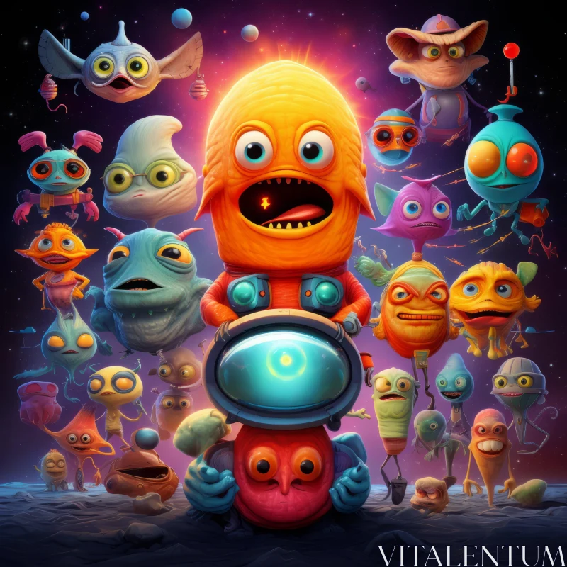 Colorful Game Poster with Alien Characters on an Extraterrestrial Planet AI Image