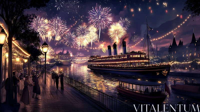 Spectacular Fireworks Display Over River Festival AI Image