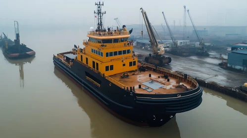 Yellow Industrial Boat at Foggy Port