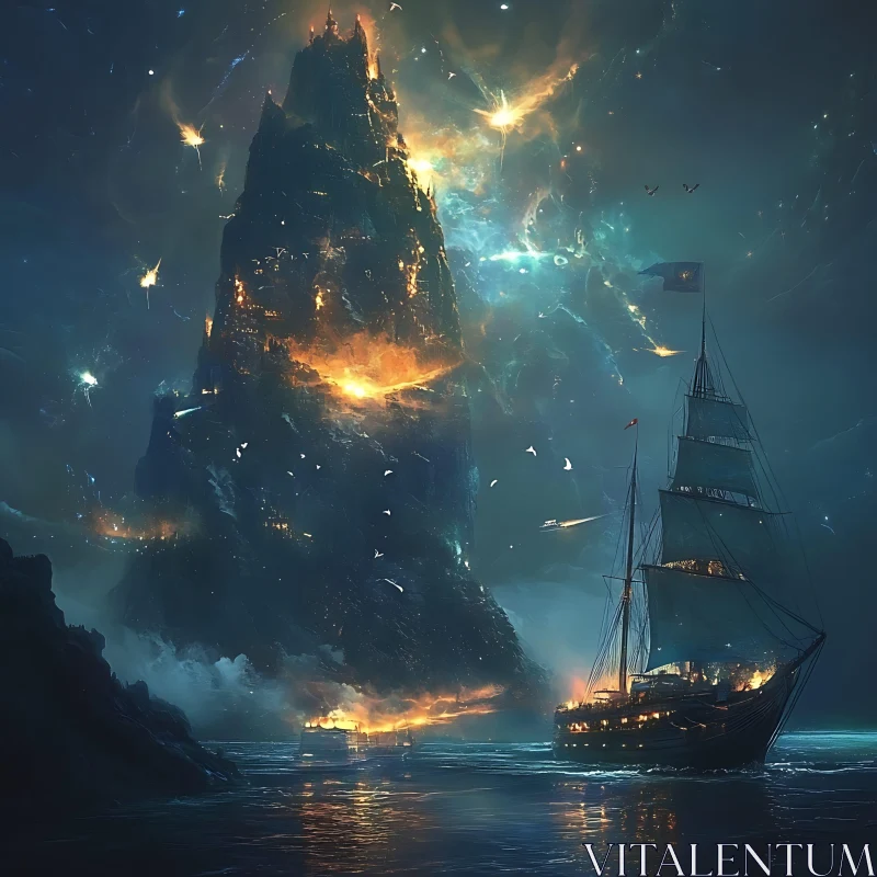 Magical Sea Voyage Under Volcanic Eruption AI Image