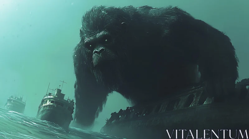 Monstrous Gorilla Engulfs Shipwreck AI Image