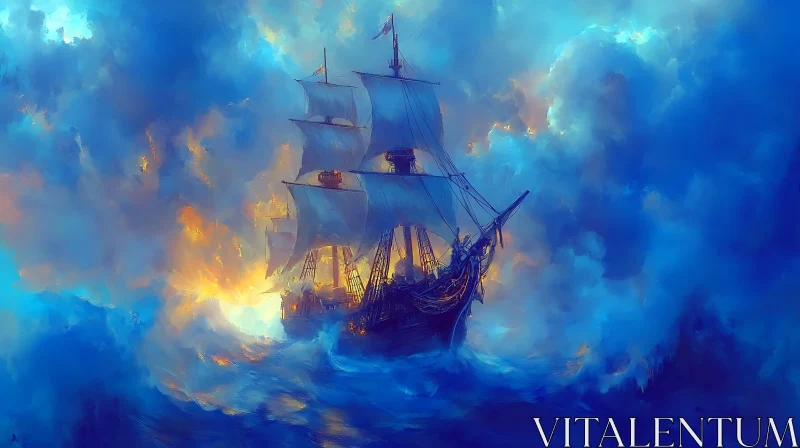 Sailing Ship in Rough Seas with Radiant Sunlight AI Image