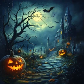 Eerie Pathway with Pumpkins and Haunted Mansion in Moonlight