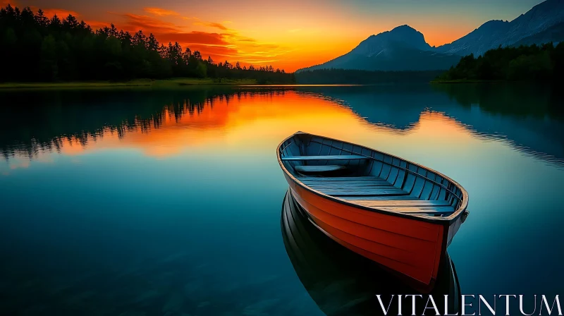 AI ART Serenity at Sunset: Boat on Reflective Lake