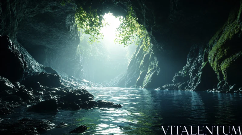 AI ART Serene Cave Scene with Sunlit Water