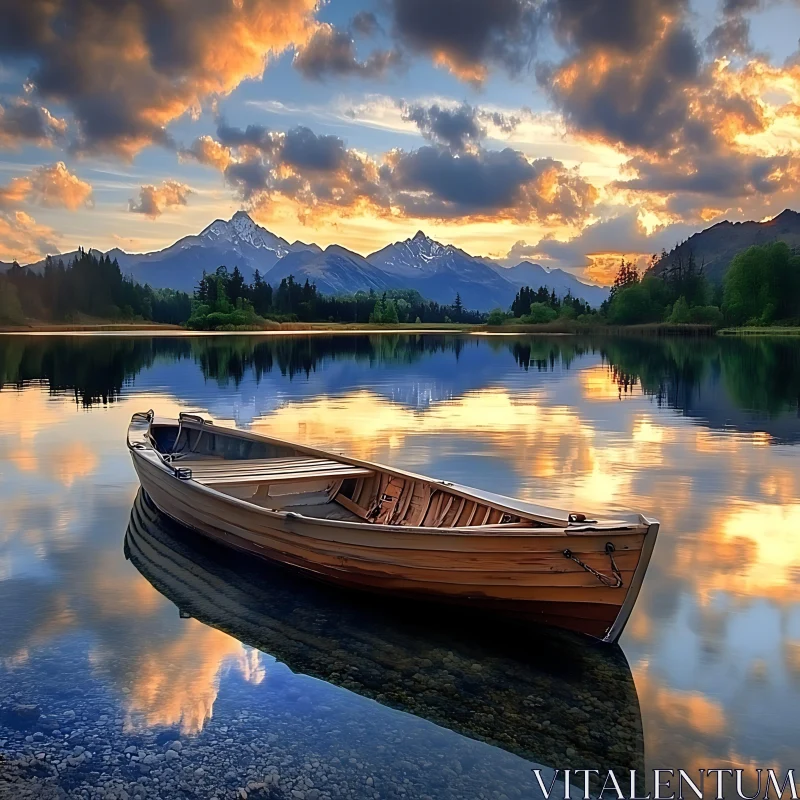 Peaceful Lake Scene with Wooden Boat and Sunset AI Image